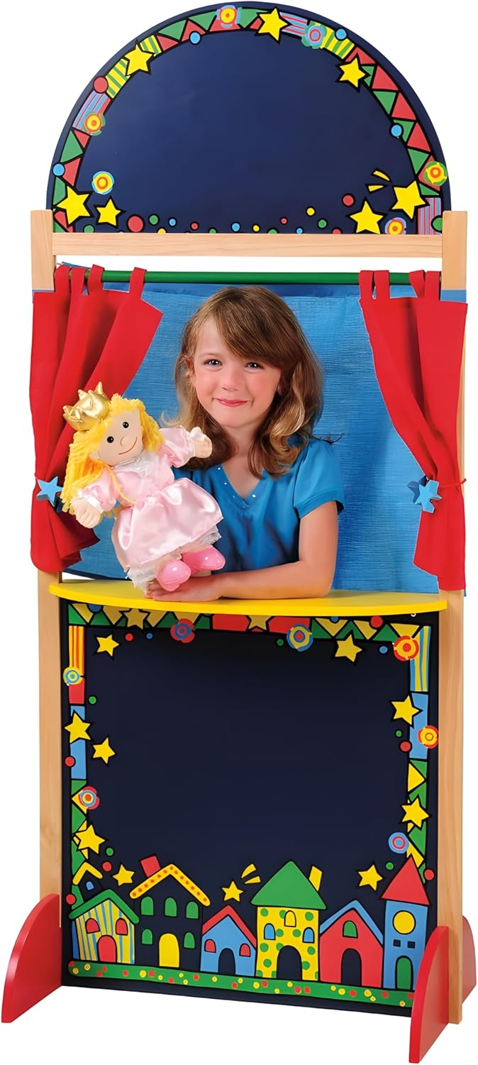 Constructive Playthings Kid-Sized Hardwood Puppet Theater, Includes Chalkboard, Curtain and Backdrop, Durable Constructive, Perform with Toddler Toys or Puppets, All Ages