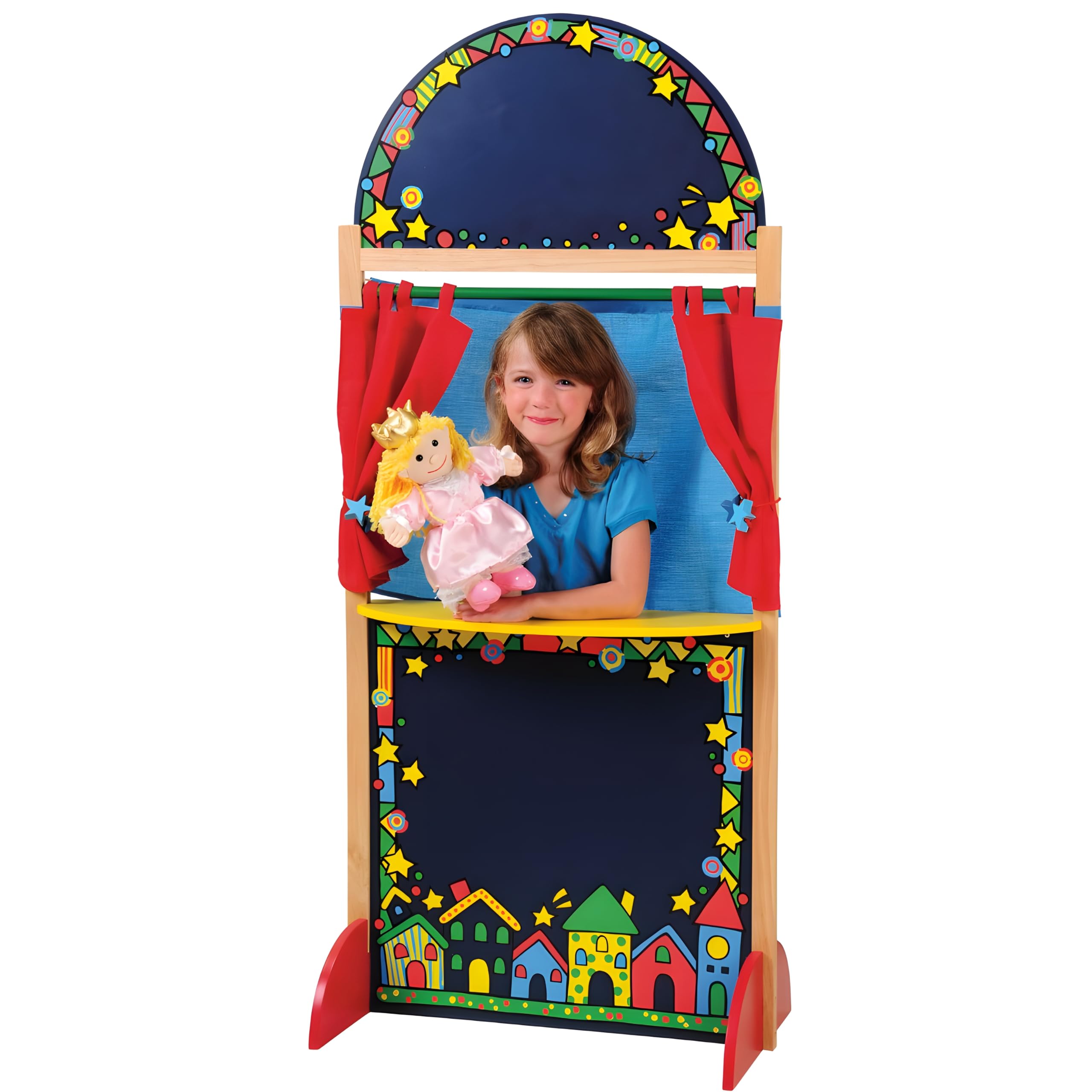 Kid-Sized Hardwood Puppet Theater, Includes Chalkboard, Curtain and Backdrop, Durable Constructive, Perform with Toddler Toys or Puppets, All Ages