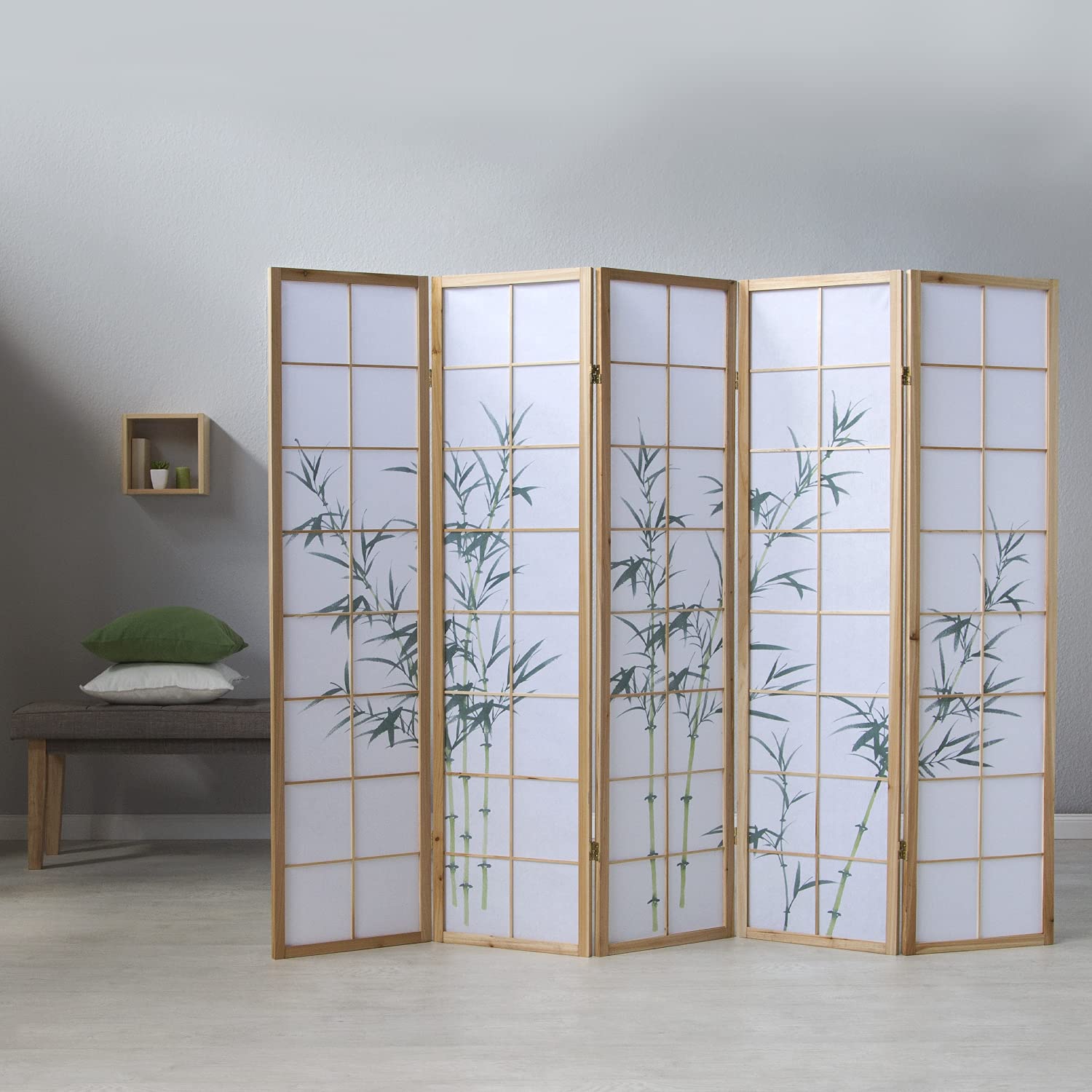 Homestyle4u 266, séparateur de pièce en Bois à 5 Panneaux - Paravent Pliable - Paravent Mobile - en Papier Shoji - Bambou