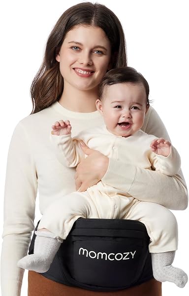 Momcozy Hüftsitz-Babytrage - Originaler 3D-Bauchschutz & EVA-Massageplatte, mit verschiedenen Taschen für Neugeborene und Kleinkinder bis 20 kg (Schwarz, Mittelgroß) - 1