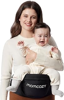 Momcozy Hüftsitz-Babytrage - Originaler 3D-Bauchschutz & EVA-Massageplatte, mit verschiedenen Taschen für Neugeborene und Kleinkinder bis 20 kg (Schwarz, Mittelgroß)