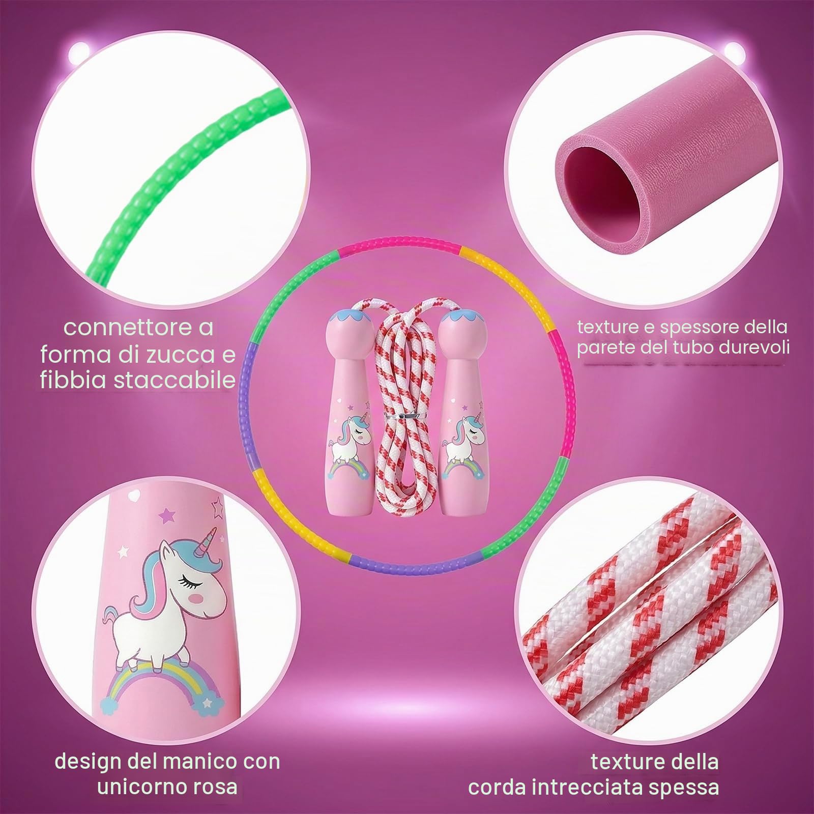 Set Hula Hoop per Bambini 59cm 93g, 8 Segmenti Hulahoop per 3-12 Anni, Corda per Saltare Unicorno per Giochi All'aperto & Regalo di Compleanno