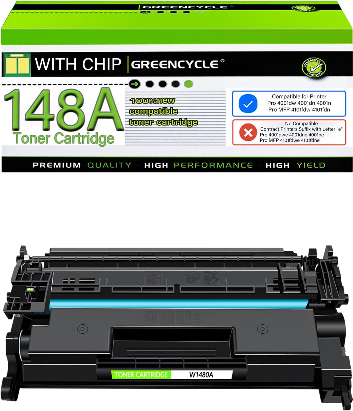 greencycle 148A with Chip W1480A Toner Cartridge Replacement Compatible for HP 148A Black Toner Cartridge Work with Laser Jet Pro 4001dw 4001dn 4001n MFP 4101fdw 4101fdn Ink Cartridge(1PCS,with Chip)