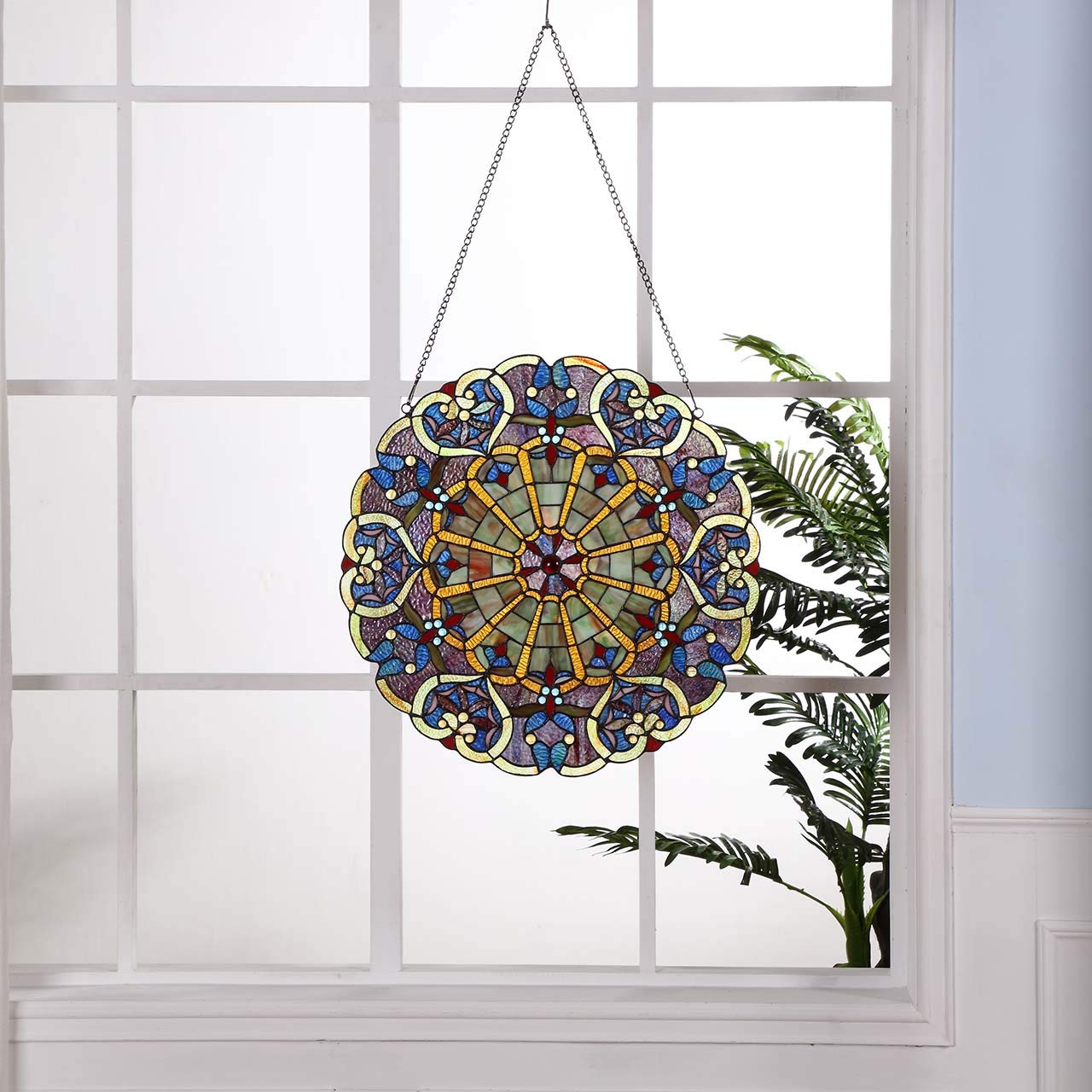 Bieye W10020 Victorian 22 inches High Webbed Heart Decorative Tiffany Style Stained Glass Window Panel with Hanging Chain