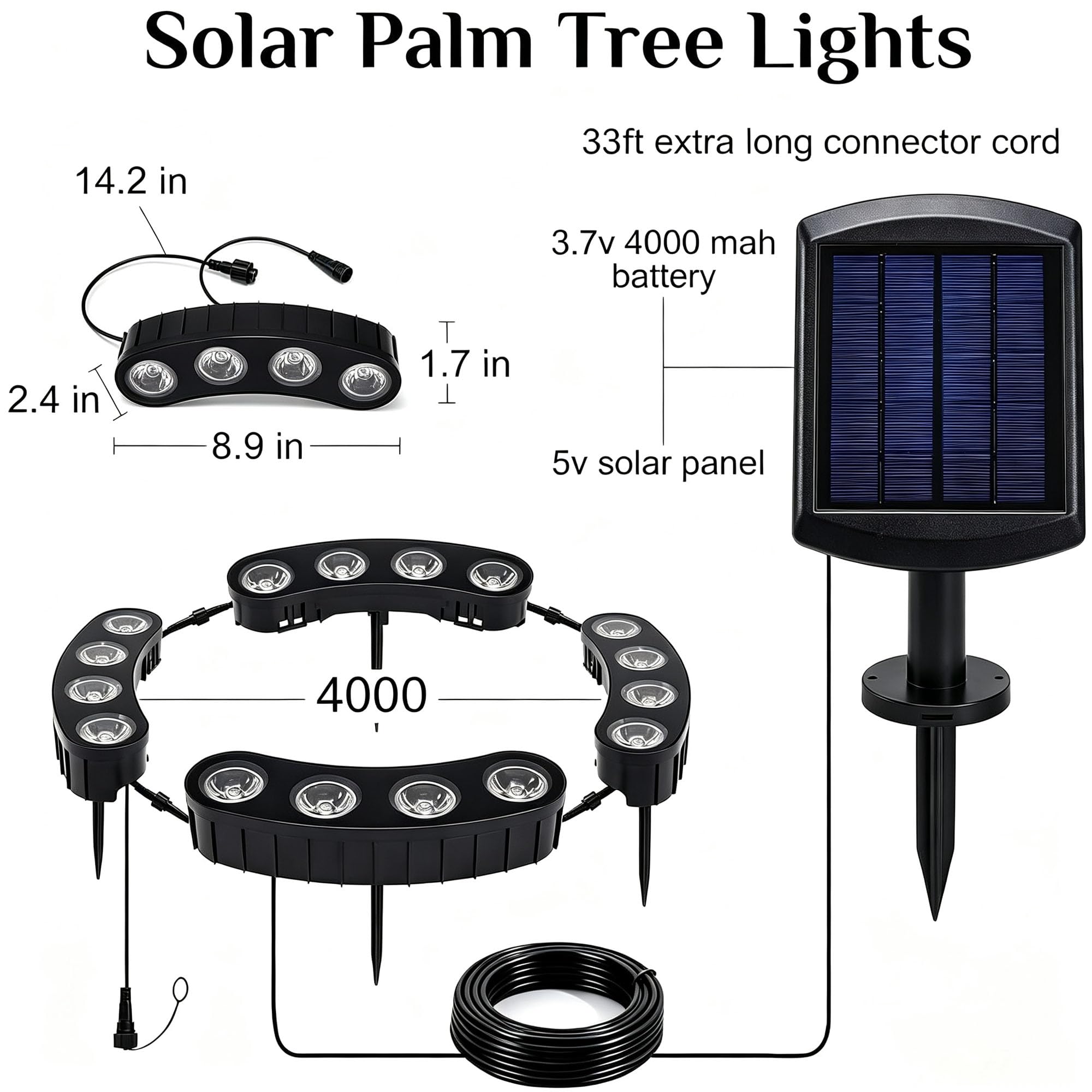Sublume Luces solares de palmera para exteriores, 2000 mAh, luces ascendentes de paisaje brillante para árbol grande, IP65 impermeable, focos LED de instalación 2-1 con batería mejorada para jardín