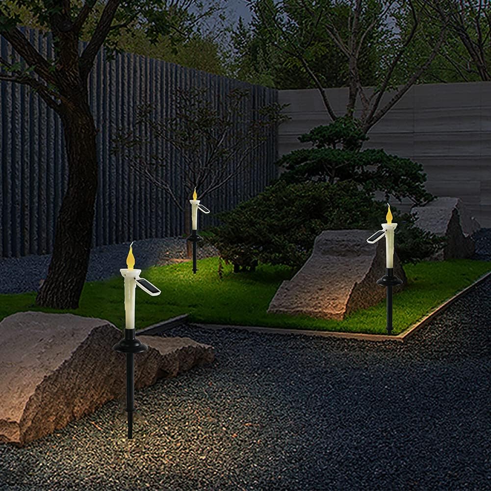 JIANWEI Solar Taper Candles Outdoor Waterproof, 4 Packs LED Candlestick with Holders, Battery Operated Real Flame Effect Candle Lights for Outside Patio Table Windows Decor(White)