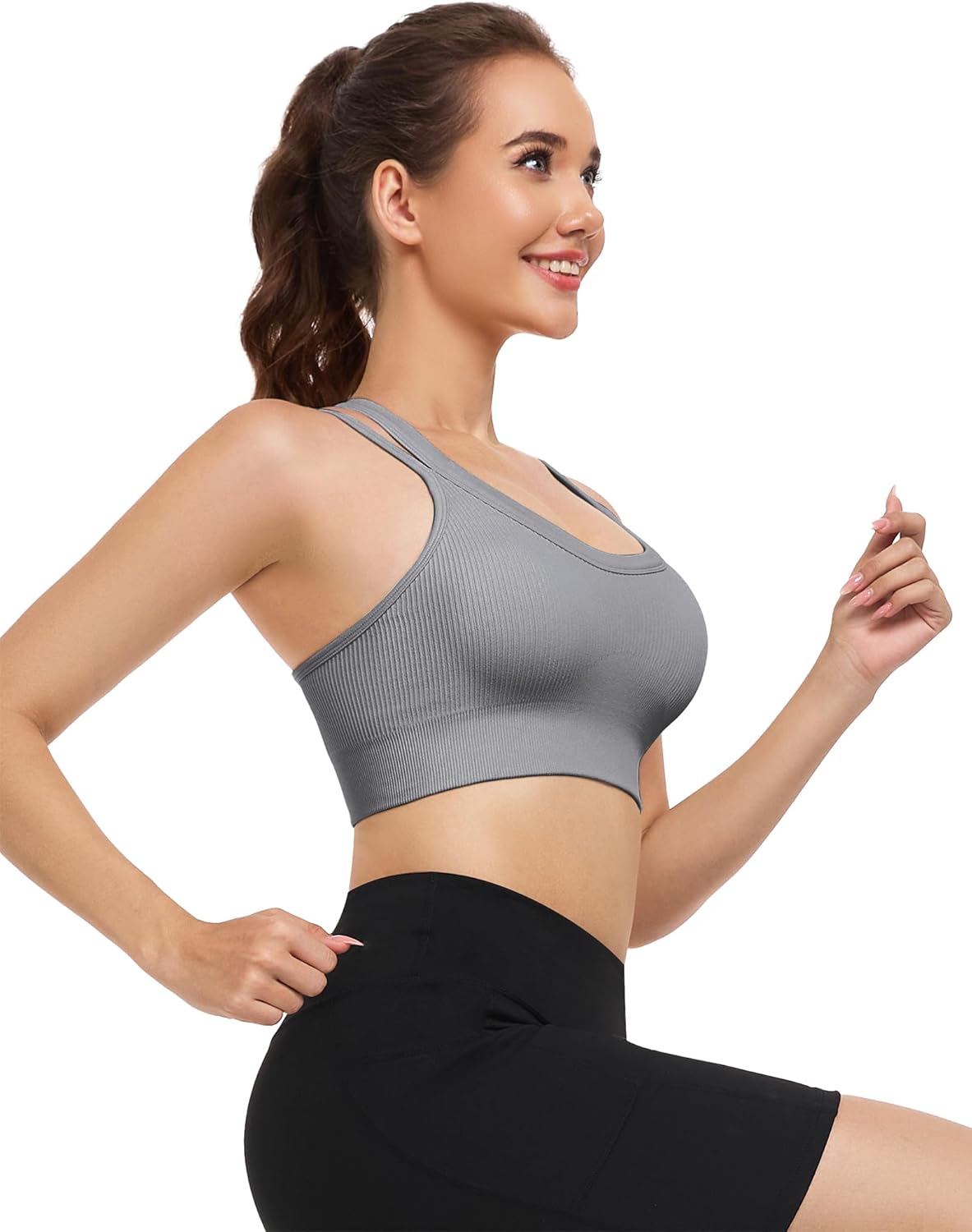 WANAYOU Sports Bras for Women High Support Ribbed Strappy Running Sports Bra Criss Cross Back Workout Bra Padded 3 Pack - Image 9