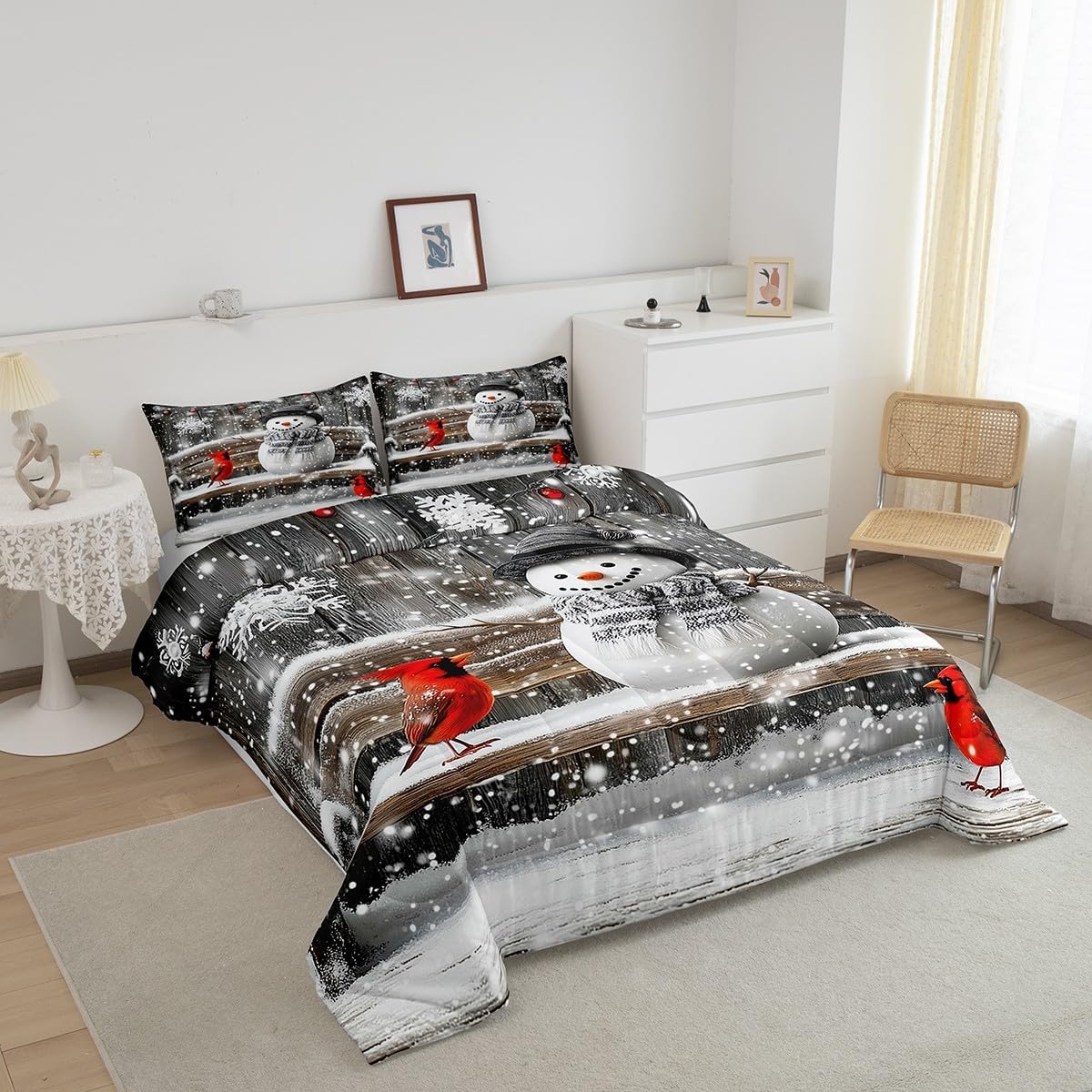 Feelyou Snowman Comforter Set Toddler Size Cartoon Snowman Bedding Set for Boys Girls Teens Bedroom Decor Merry Christmas Snowman Comforter Women Men Bird Wooden Duvet Set with 1 Pillow Case