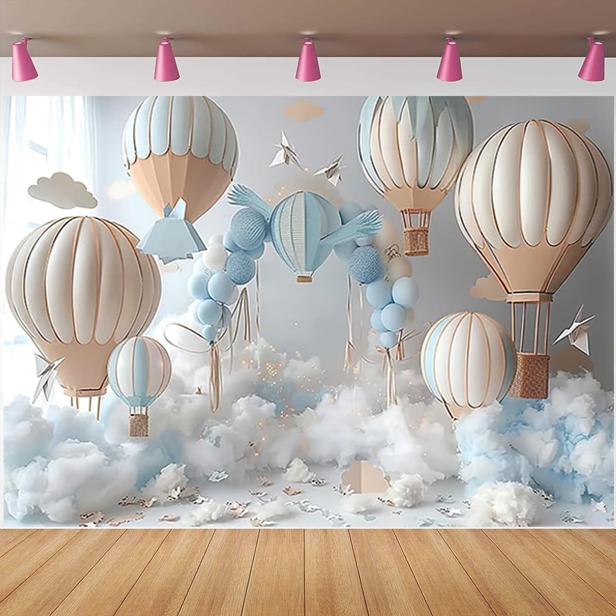 Hot Air Balloon Photography Backgrounds Clouds Travel Adventure Theme Birthday Party Background Girl 1st Birthday Party Decoration Newborn Baby Shower Cake Table Background image 2