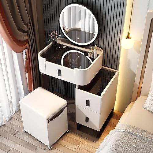 Miniatura 27 de Vanity Desk with Mirror and Drawers, White Vanity with Mirror, Wooden Makeup Desk for Bedroom Dressing Room, with Adjustable Brightness Mirror,White