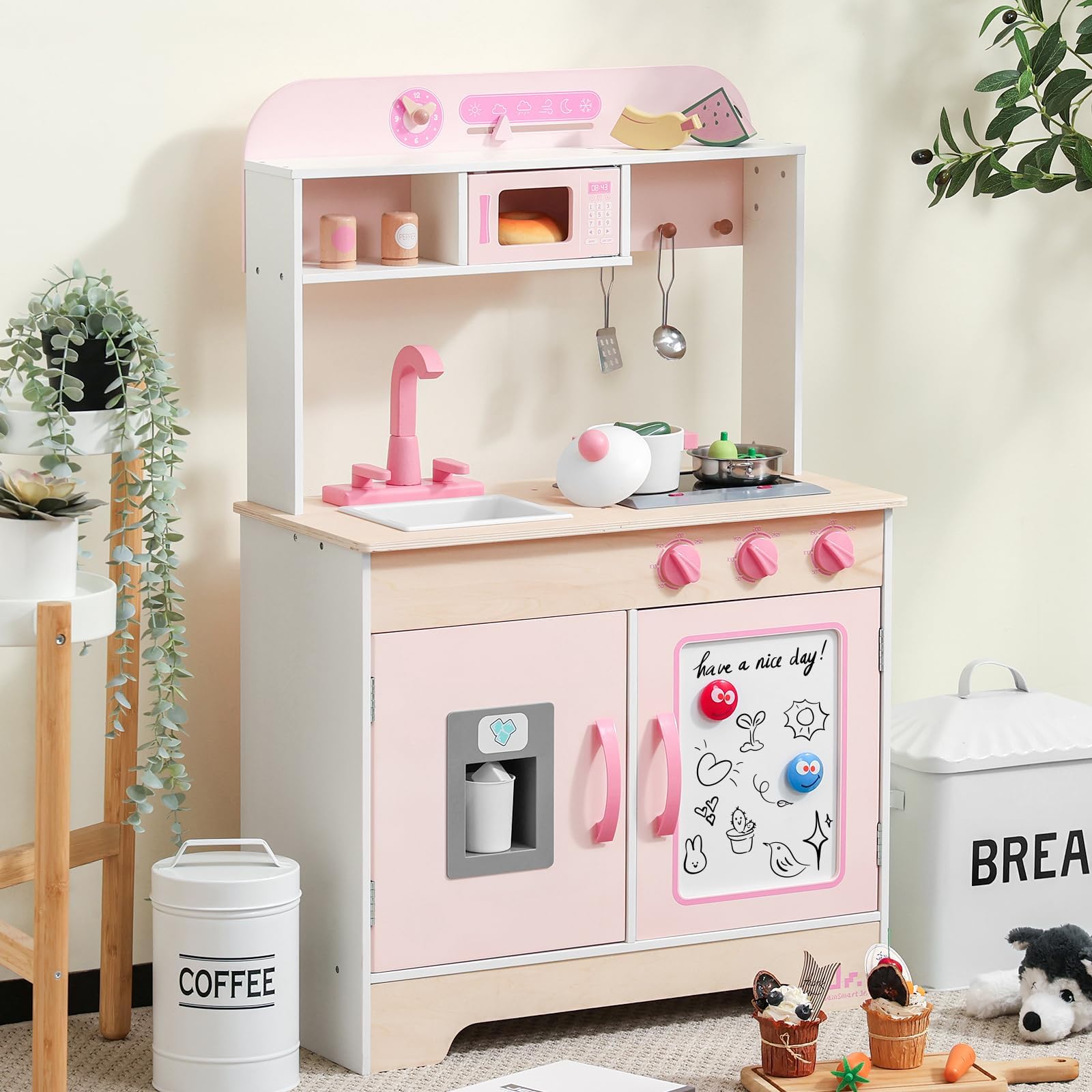 SainSmart Jr. Cocina de madera para niños – Juego de cocina premium para niños – Incluye estufa, refrigerador y accesorios para niñas, rosa