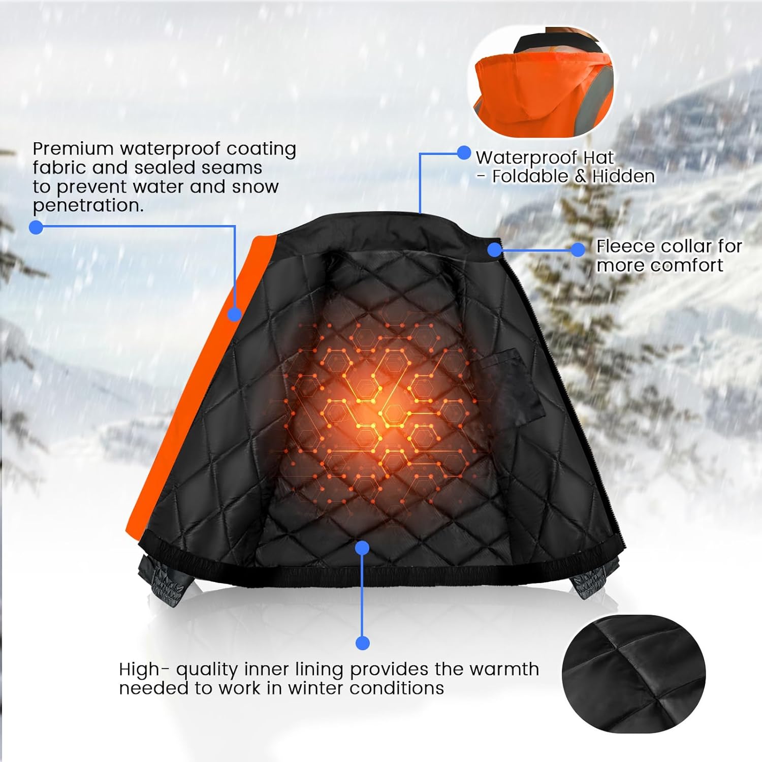 Hi Vis Jackets, Safety Jacket with Pockets for Men& Women, Reflective Construction Coats for Winter Cold Weather, Waterproof High Vis Rain Gear, Class 3, Orange-Black, XL - Image 5