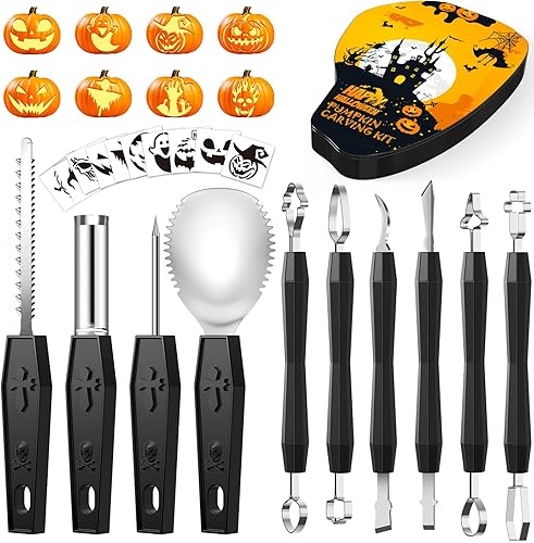 Miniatura 8 de Kit de tallado de calabaza de 31 piezas: herramientas de tallado de calabaza, kit de tallado de calabaza de Halloween con plantillas, velas, estuche
