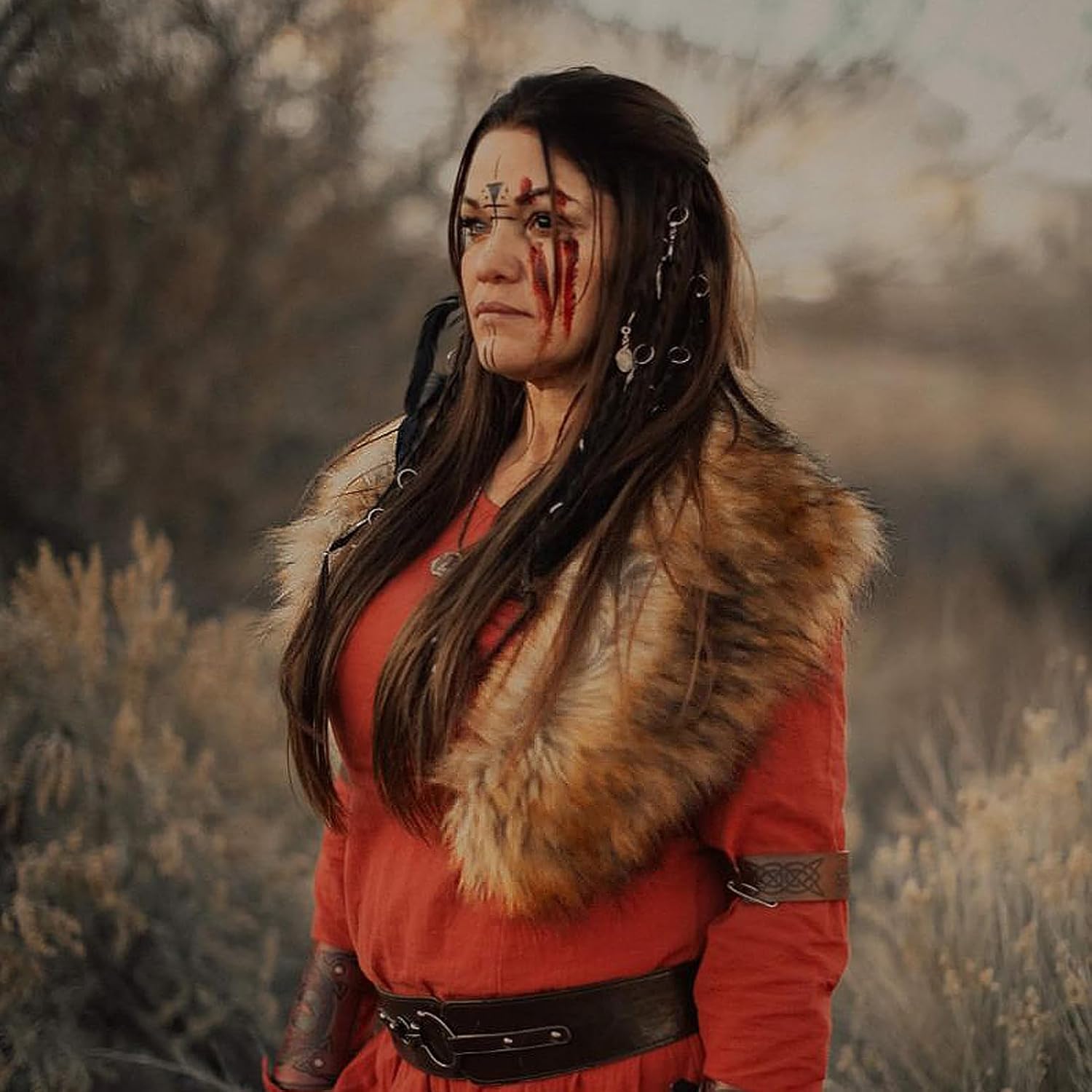 L'VOW Viking Fur Collar Faux Fur Shawl Shoulder Fur Wrap Scarf Women Halloween Barbarian Cosplay Costume Accessory - Image 5