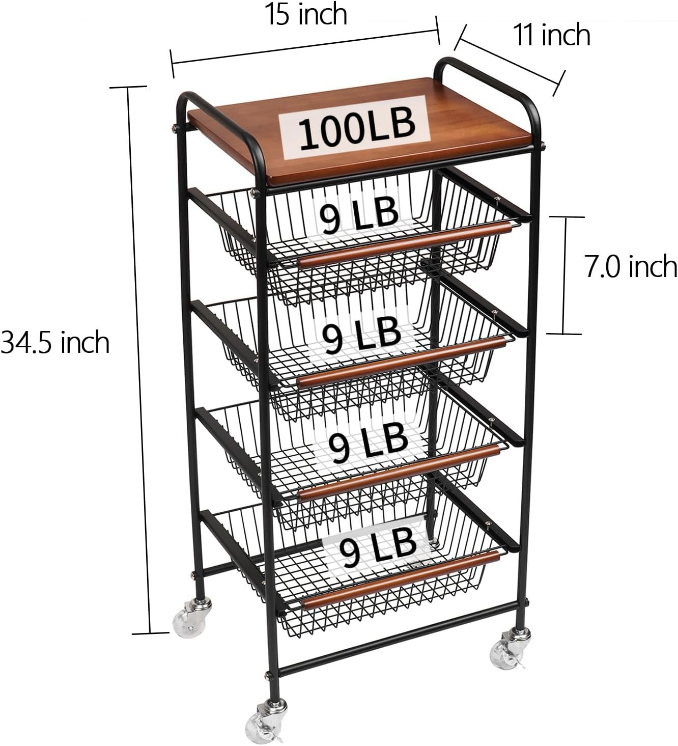 Fruit Vegetable Basket, 5 Tier Fruit Vegetable Storage with Wheels, Metal Rolling Pantry Storage Cart for Fruit Potato Onion Vegetable Bread Snack - Image 3