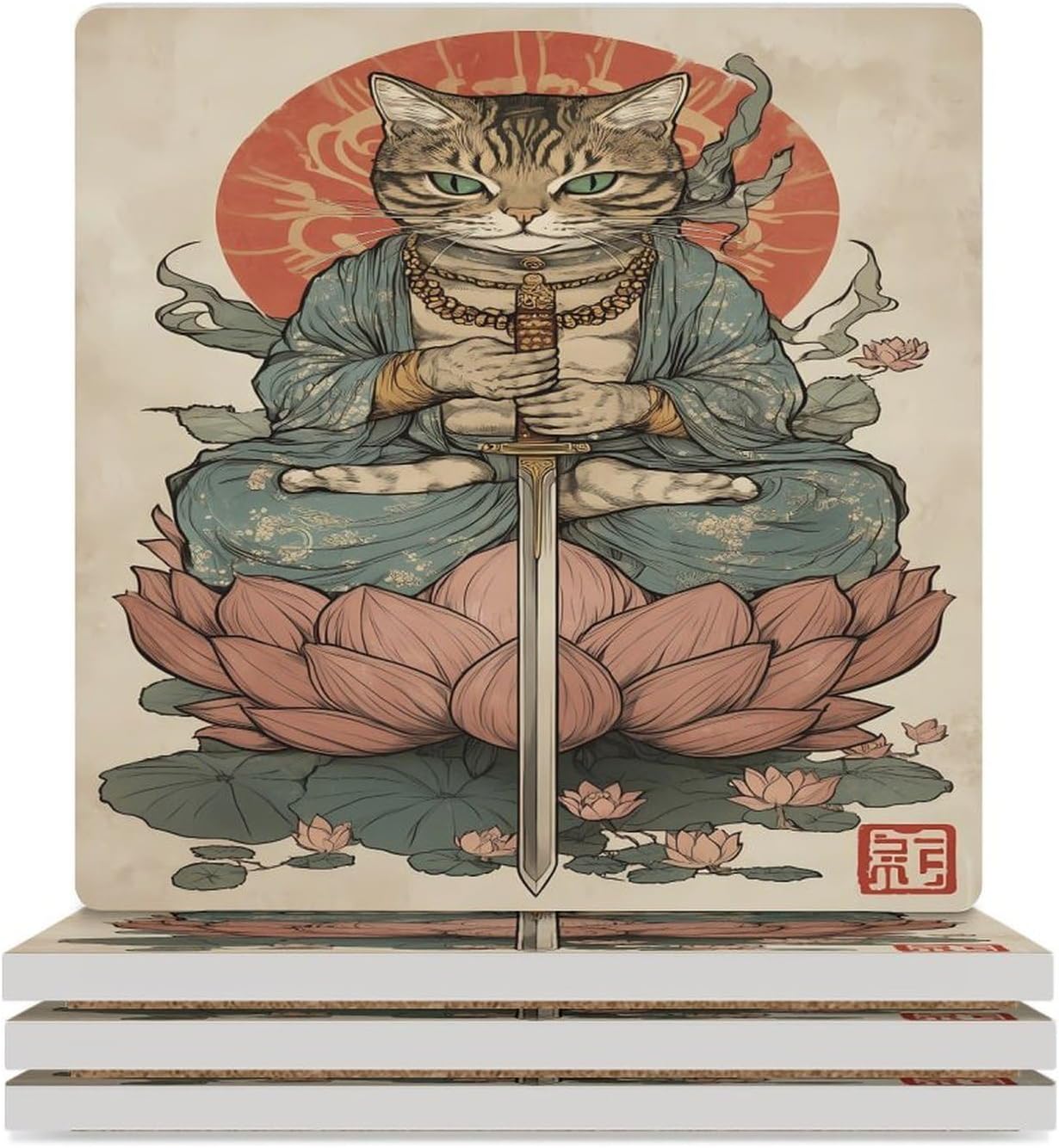 Vintage Japanese Samuraiscat Ceramic Coasters Square Drinks Coaster Coffee Table Decor Table Coaster for Home Bar