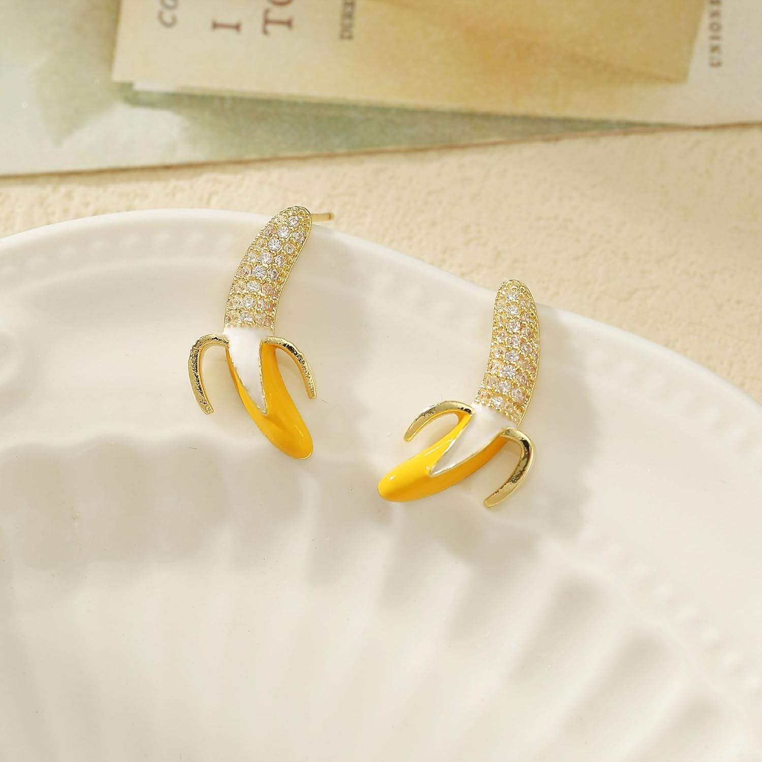 Yellow Summer Fruit Banana Earrings Small Cute Rhinestone Stud Earrings for Women - Image 7