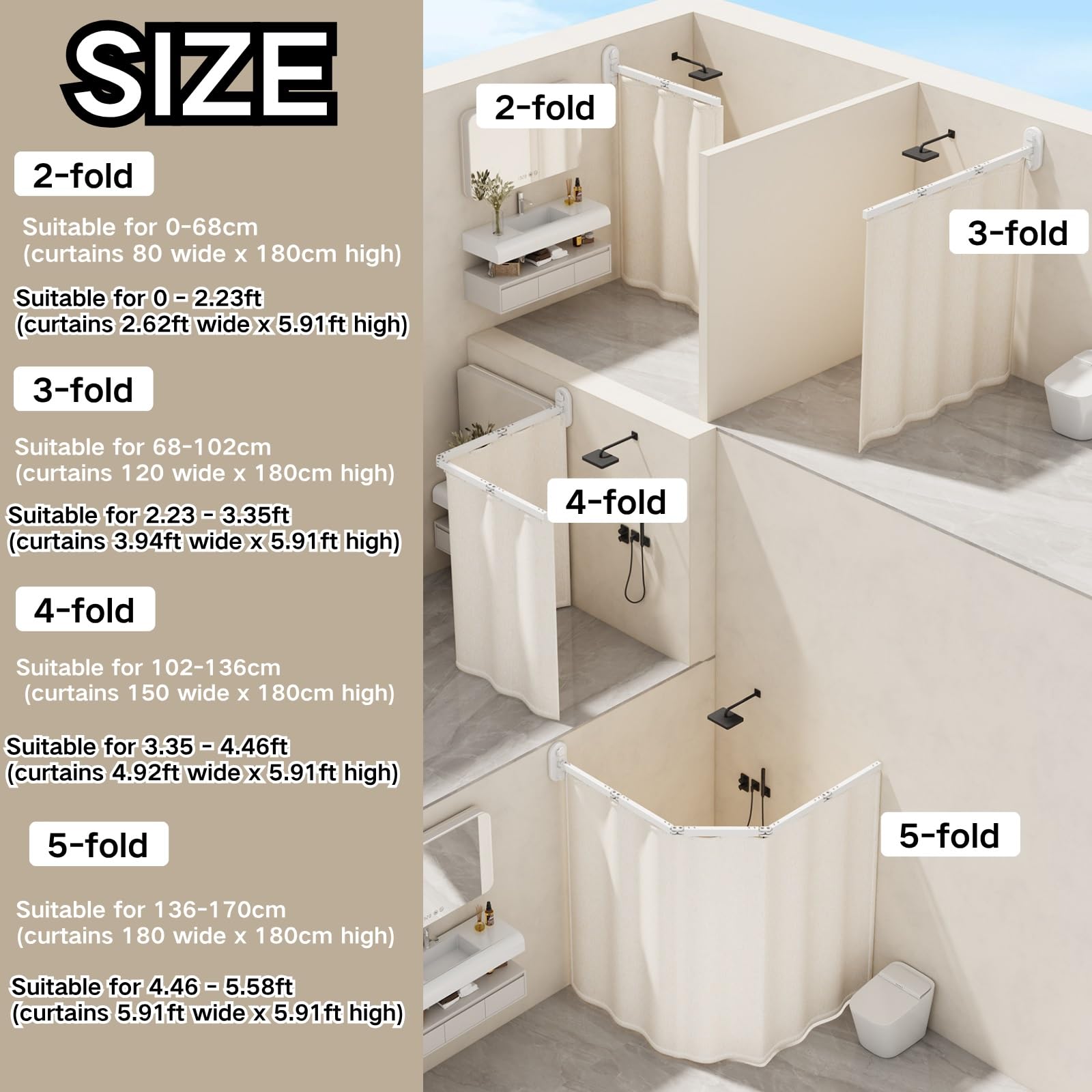Tringle A Rideau De Douche Angle sans Percage, Tringle À Rideau De Douche Pliable avec Ventouses, Barre De Douche en L Rétractable pour Baignoire De Salle De Bain(Beige,102cm)
