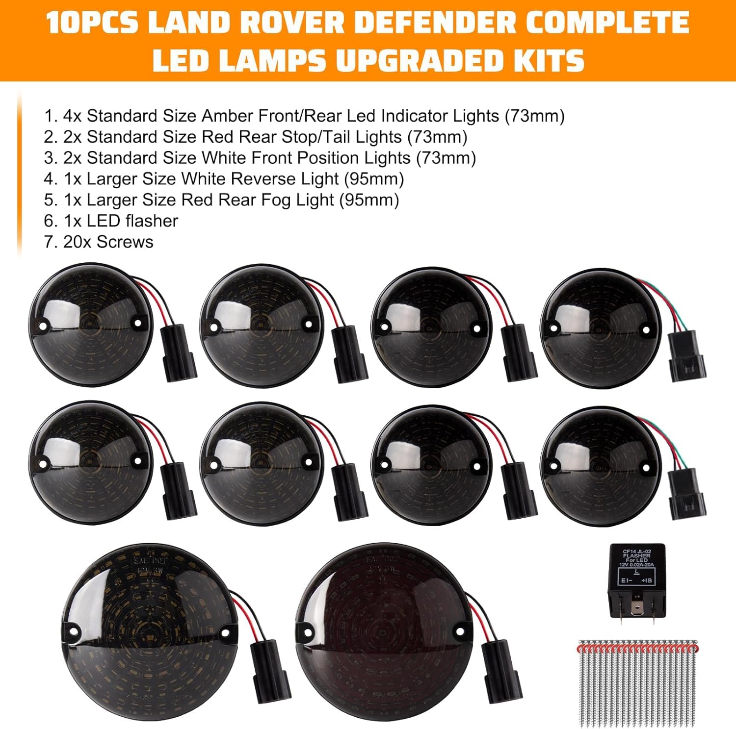 10PCS Kit di aggiornamento luci LED,Kit completo di aggiornamento lente fumé Fanale posteriore Fendinebbia Luce retromarcia Luce laterale anteriore for Land Rover Defender 90/110 1990-2016 Lenti fumé