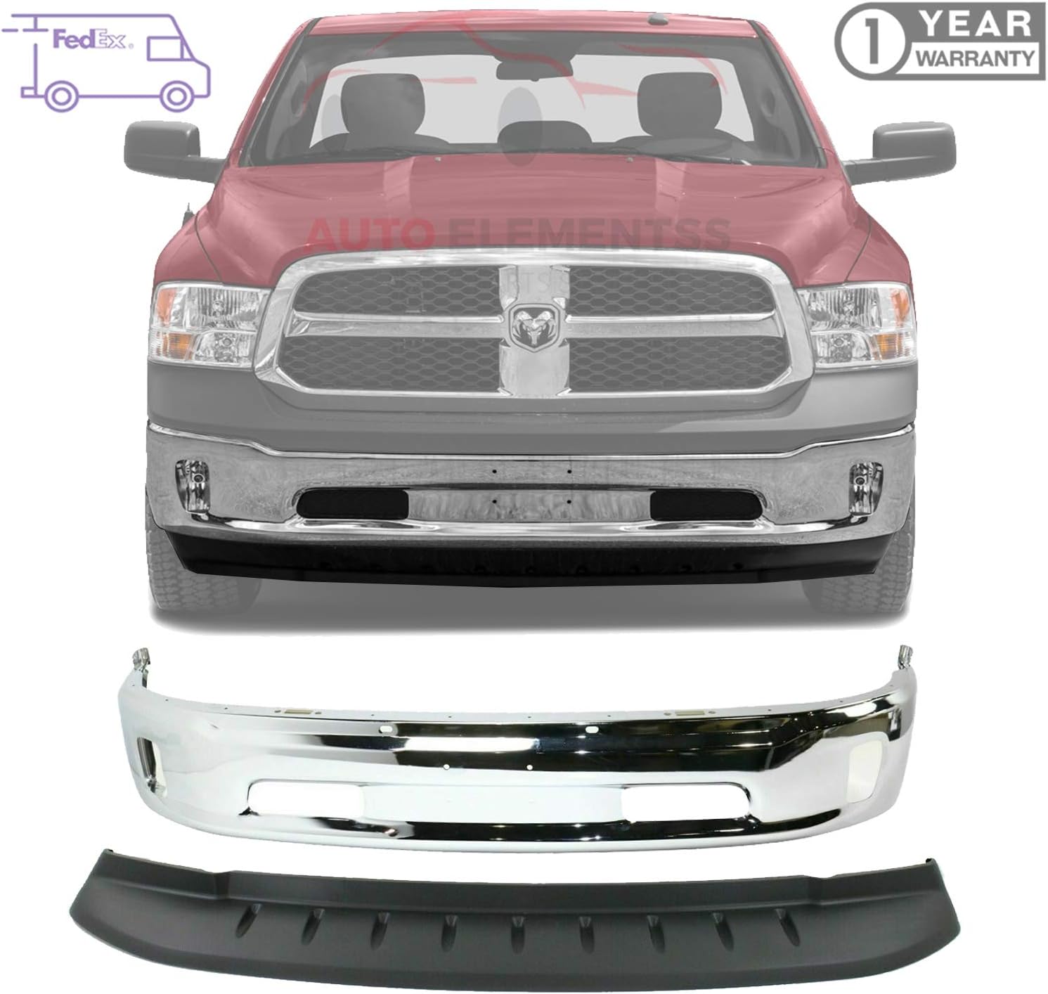 Front Bumper Chrome With Fog Light Holes + Lower Valance Air Deflector For 2013-2018 Ram 1500 Direct Replacement