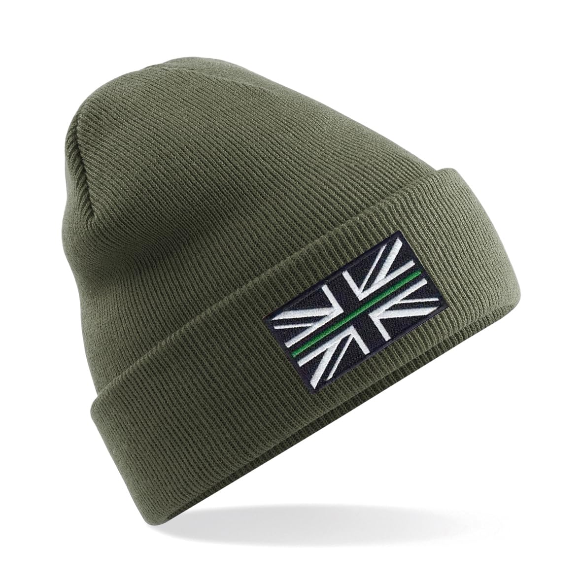Ambulance Service Thin Green Line Union Jack Premium Embroidered Beanie Hat, Bob Hat Paramedic Emergency Services (Olive)