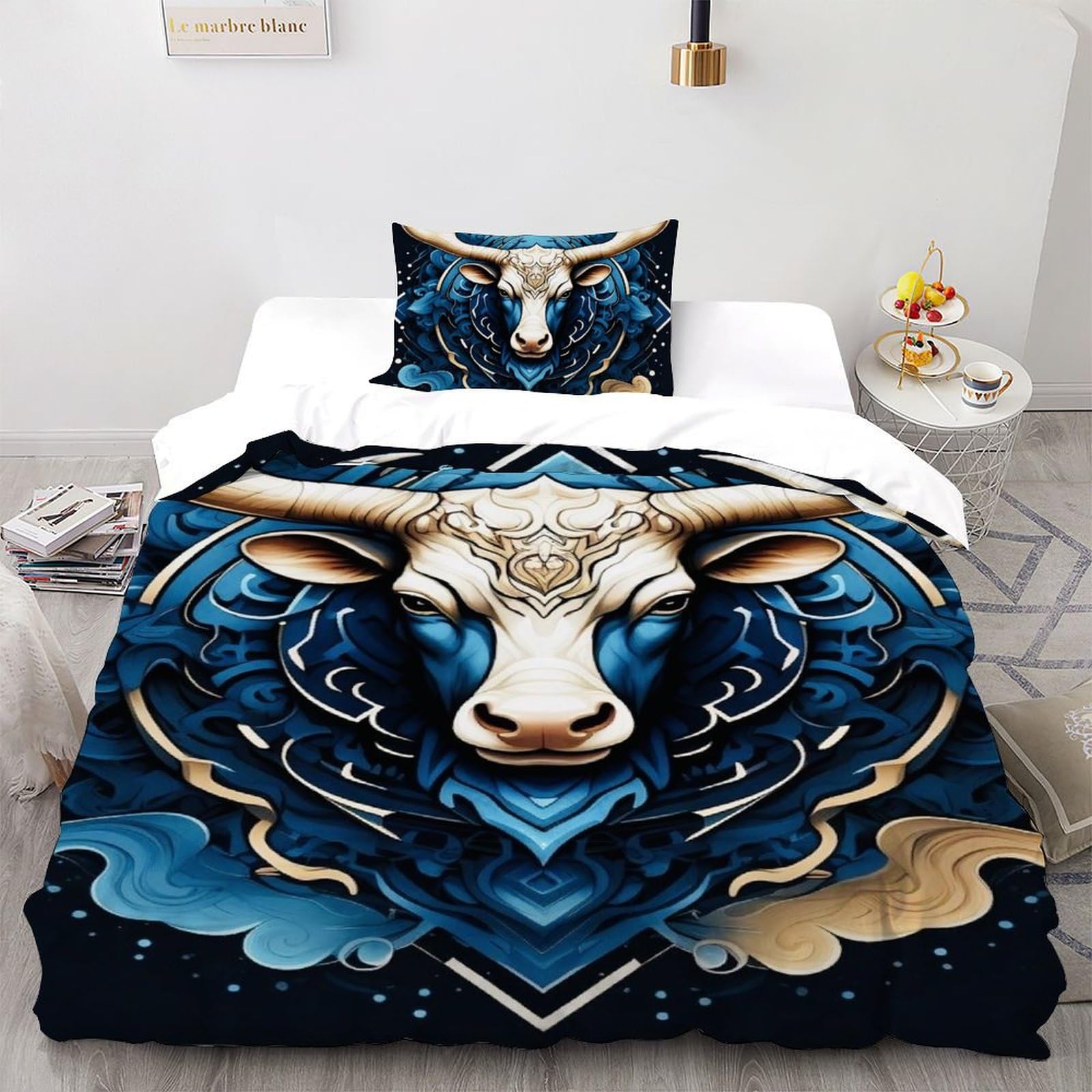 Housse de couette taureau bleu microfibre 135x200 parure de lit imprimé 3D animal adulte avec zip