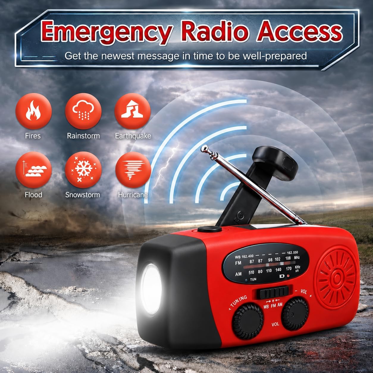 Radio Solaire Auto-alimentée 2000mAh AM/FM Portable à Manivelle Dynamo avec Lampe LED Alarme SOS Chargeur Téléphone Kit Survie Camping Rouge