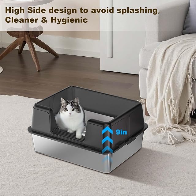 Foto 5 de 7 de GarveeMore Litiere para Gatos de Acero Inoxidable, XXL Bandeja para Gatos semicerrada, Caja de litera