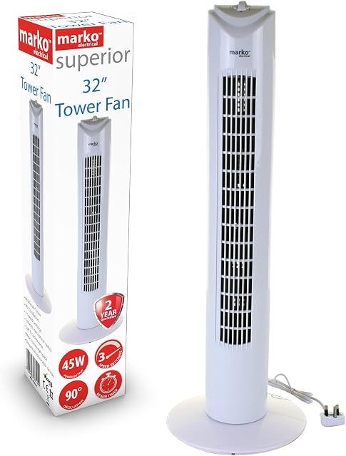 Marko Electrical 32" Tower Fan Oscillating Timer Cooling 3 Speed White Home Office Freestanding