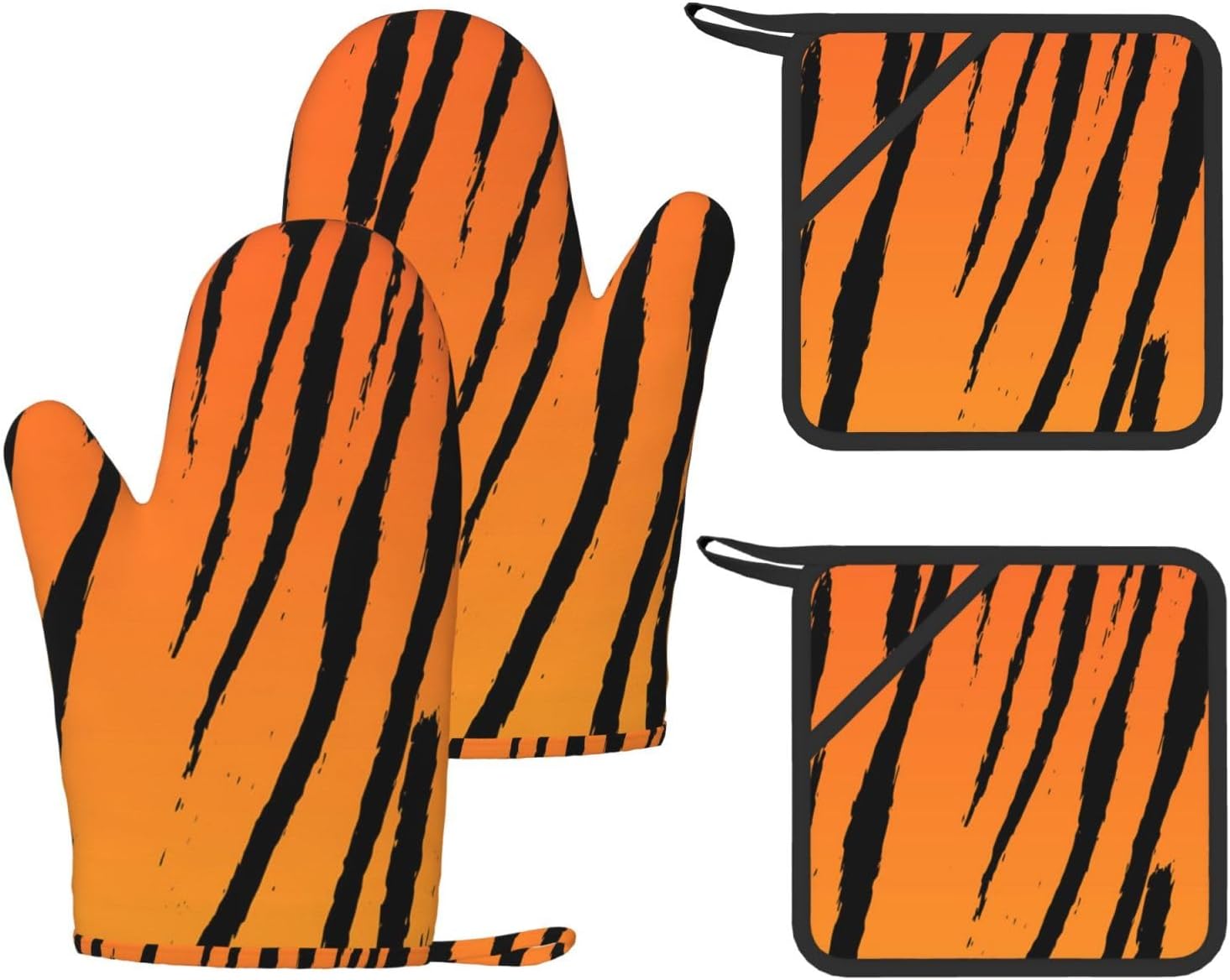 Tiger Stripe Oven Mitts and Pot Holders Set of 4 Heat Resistant Kitchen Gloves with Silicone Palm Hot Pads for Baking Cooking Grilling BBQ