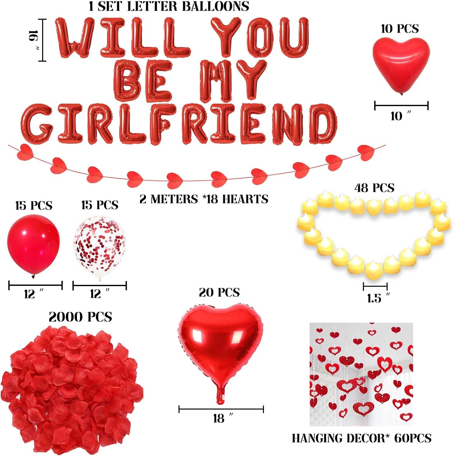 Red Will You Be My Girlfriend Balloons - 2000pcs Red Artificial Rose Petals 48pcs Flameless LED Candle Tealight 21pcs Letter Balloons 18" Heart Balloon Latex Balloon for Valentines Day Decorations