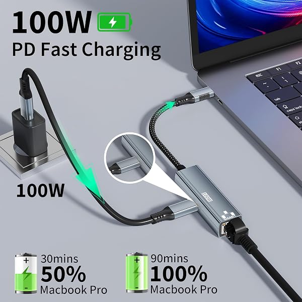 Esiposs 2 in 1 USB C auf Ethernet Adapter mit 100W PD Ladeanschluss, USB C LAN Adapter Gigabit Ethernet bis1Gbps, USBC zu RJ45 Netzwerkkarte, Plug & Play für iPhone 17 16 15 MacBook iPad Laptop, Grau - 3