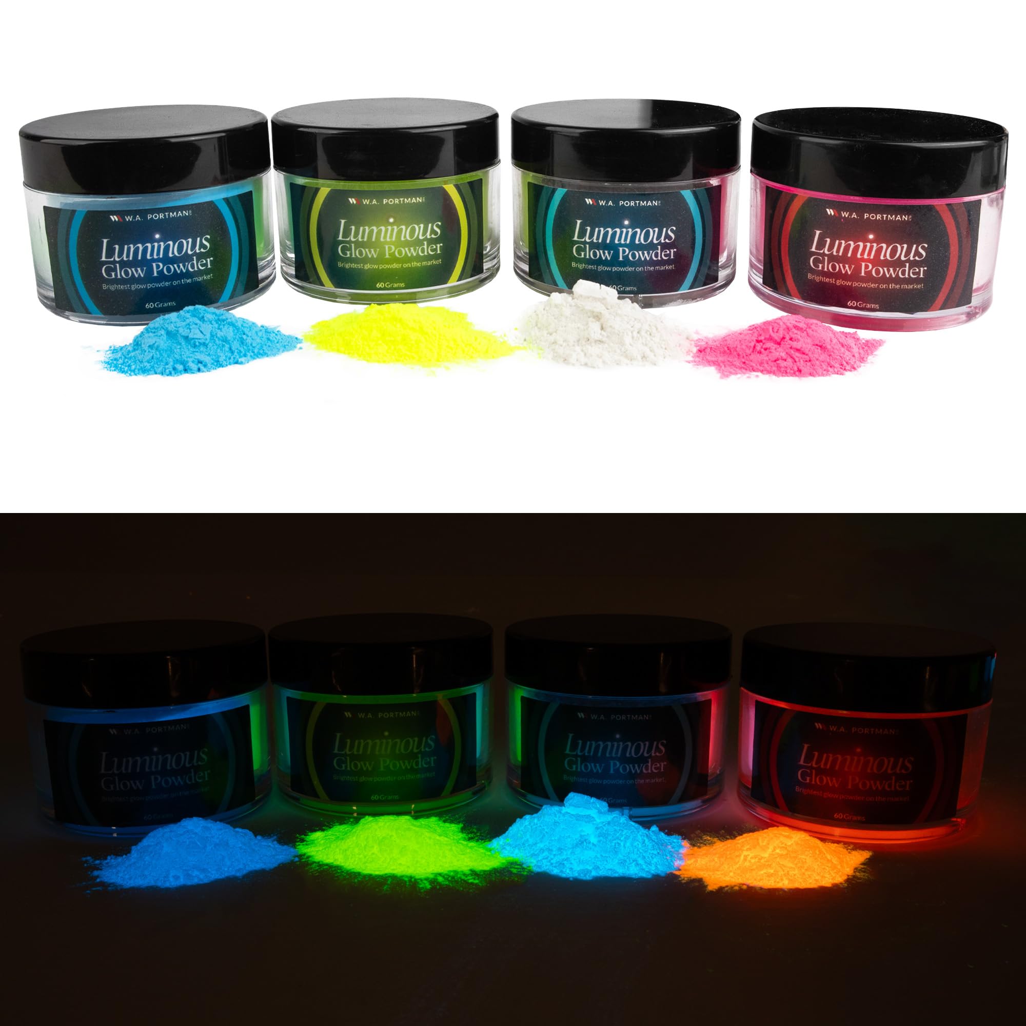 WA Portman Luminous Glow Powder 4 Pack - 60g (2.12 oz) Phosphorescent Pigment for Resin, Epoxy, and DIY Crafts - Glow in The Dark Powder - Resin Pigment in 4 Colors