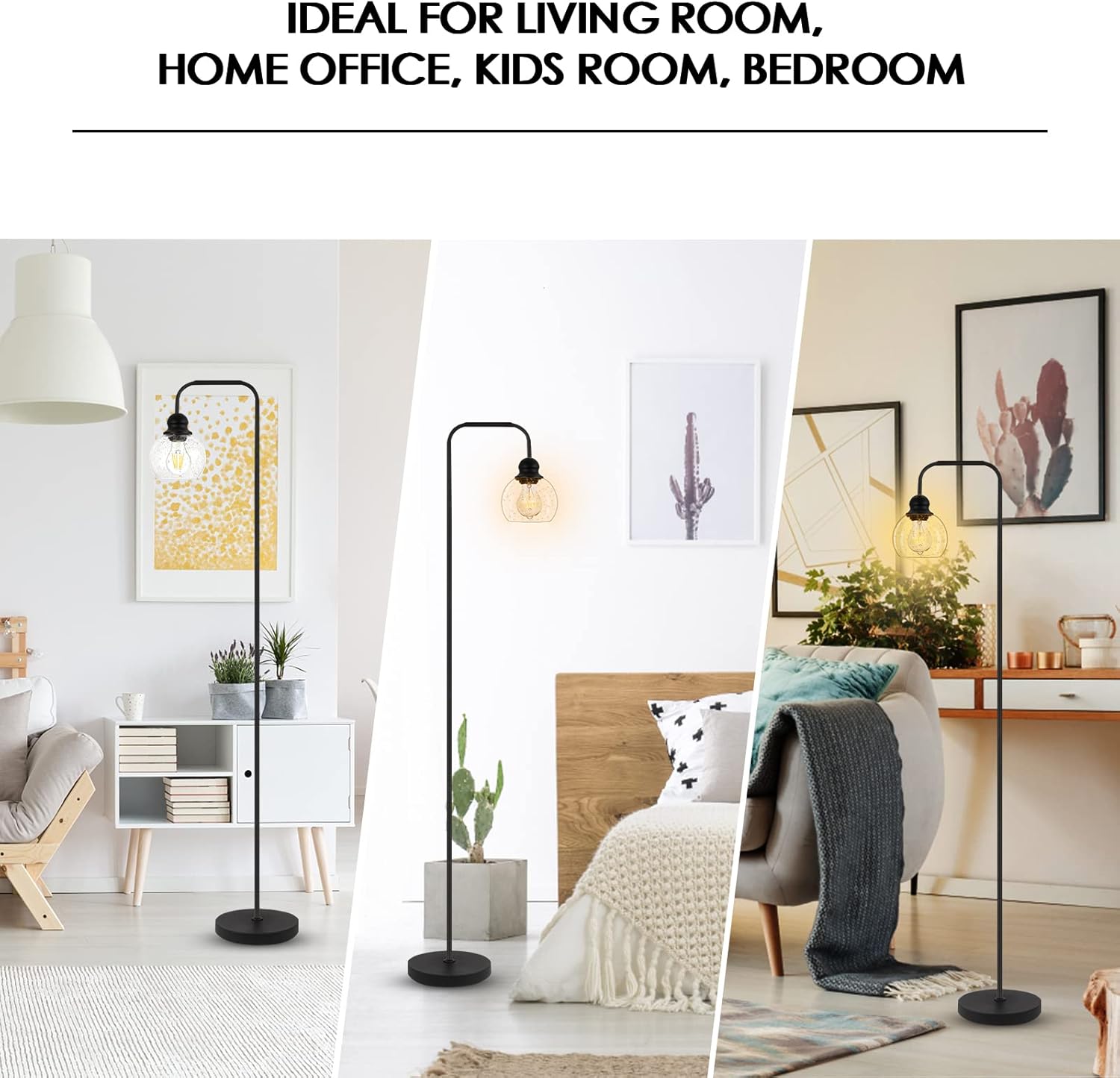 Modern Floor Lamp for Living Room with 6W LED Bulb, Industrial Floor Lamp, Seeded Glass, Black Classic Reading Tall Lamp for Home Office, Standing Lamps for Bedroom, Minimalist, Vintage, Farmhouse