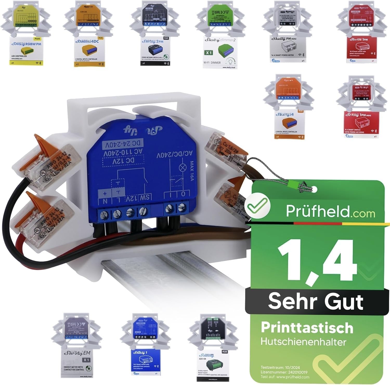 Soporte de montaje Printtastisch compatible con 42 modelos de relé Shelly – Plus 1, 1PM, 2PM, Mini, Gen3, Gen4, i4 DC, Regulador, RGBW2, Wave, EM, AddOn, DALI, Persiana – WAGO 221, PETG, 4 unidades