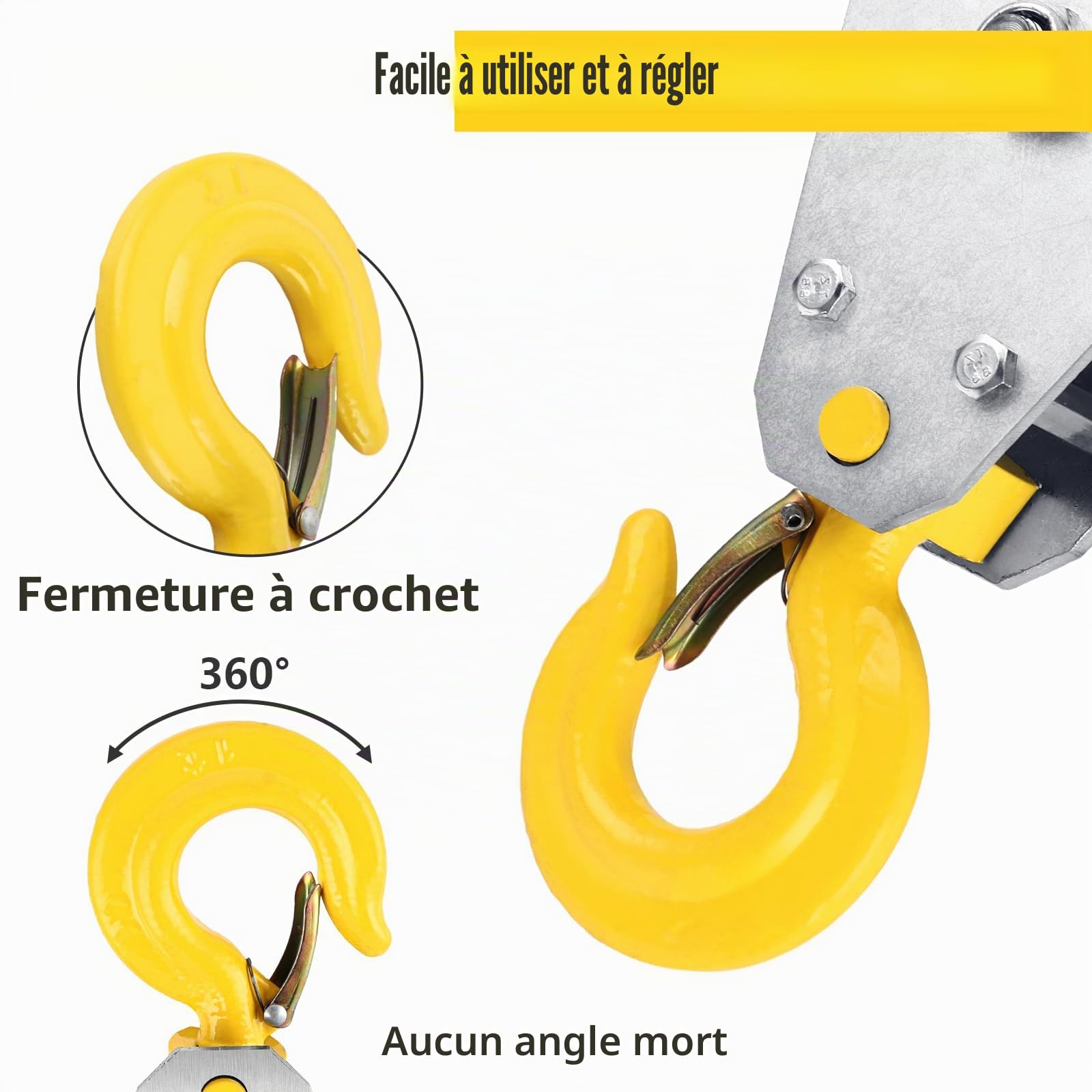 2 Pièces Poulie de Levage 1T avec Crochet Jaune, Poulie de Renvoi en Acier Alliage, Roue Argentée pour Corde 10 mm, Mouflage, Garage, Jardin et Atelier