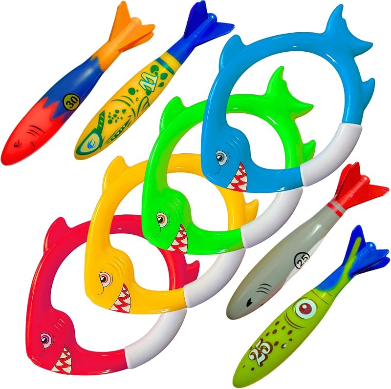 Shark Dive Rings Pool Diving Toys for Kids, Sinking Swim Training Toys for Boys & Girls, Underwater Pool Games & Summer Fun, 8-Piece Fish Rings Set & Torpedoes