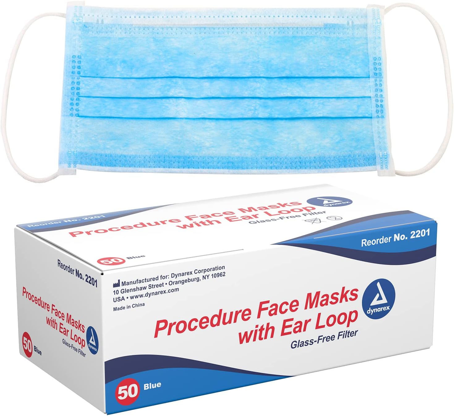 Dynarex Disposable Face Mask with Ear Loops- Breathable Blue Medical Procedure Protective Covering, Box of 50