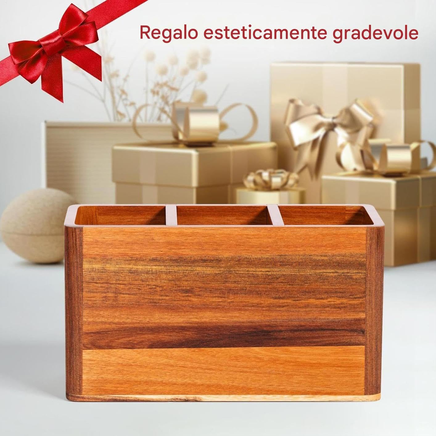 Porta Utensilios de Cocina Con Compartimento Y Agujeros De Secado | Organizador De Madera Para Cocina Para Cubiertos Cucharas Espátulas Hogar Apartamento