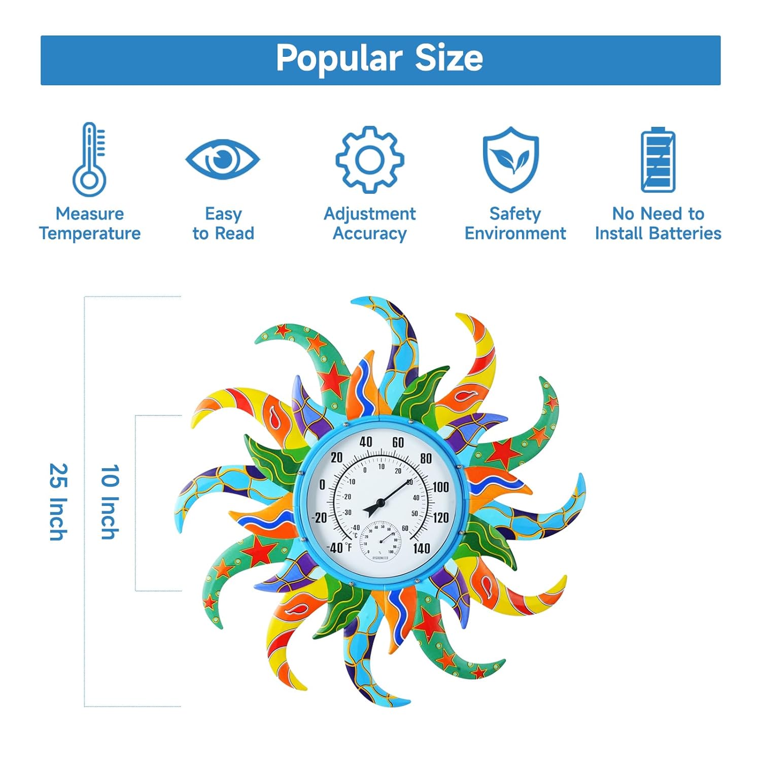 Large Blue Sun Outdoor Thermometer & Hygrometer Combo, 25'' Indoor Outdoor Wall-Mounted Thermometer Gauge, Decorative Indoor Outside Temperature Thermometer for Patio, Garden, Living Room,Kitchen