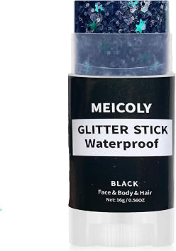 MEICOLY Black Body Glitter Stick,Halloween Face Glitter Sparkle Chunky Makeup Spirit Wear,Waterproof Hair Glitter for Party Rave Festival Game Day