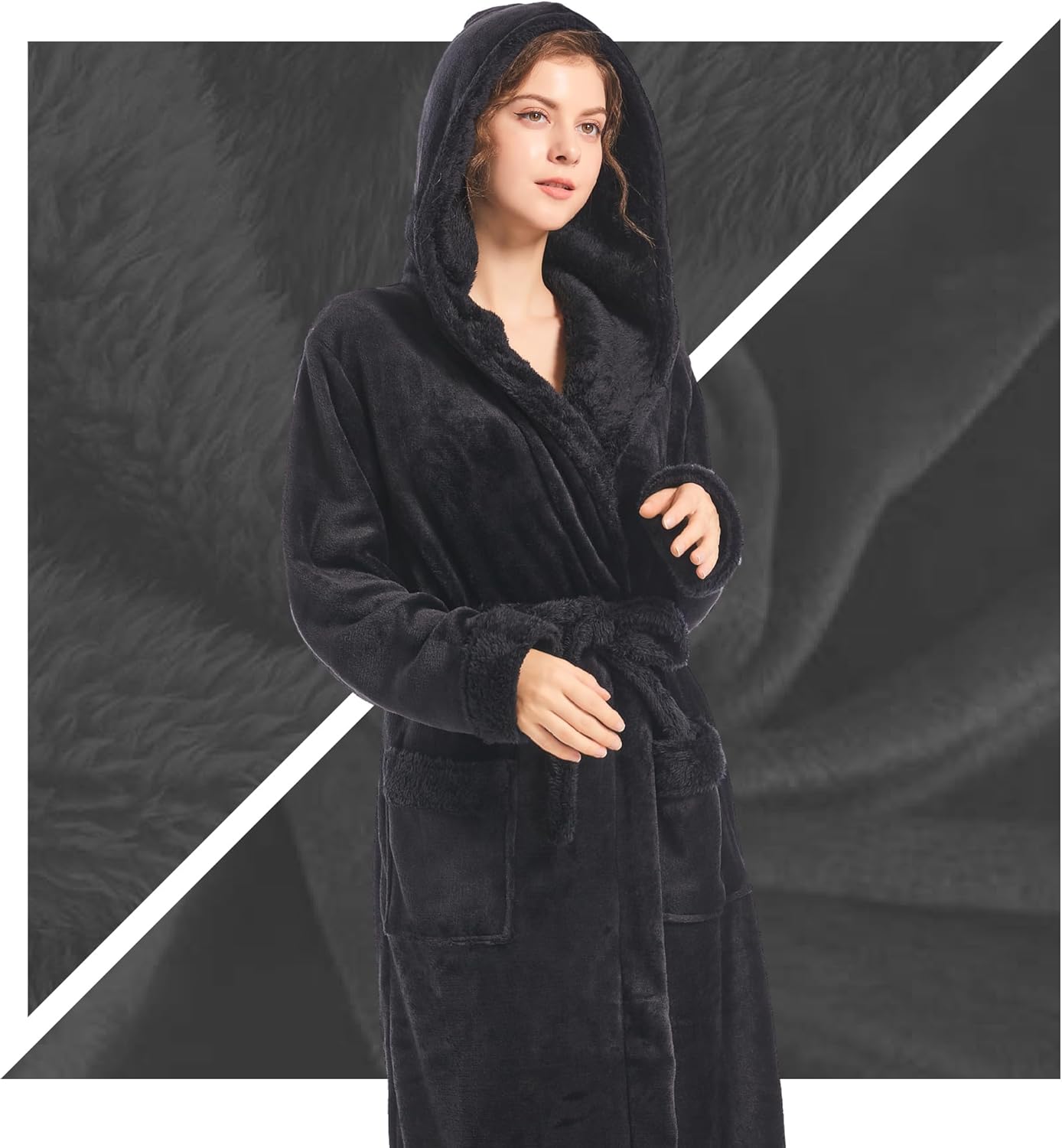 Inner Wish Women Hooded Plush Robe, Fleece Cozy Warm Bathrobe - Image 6
