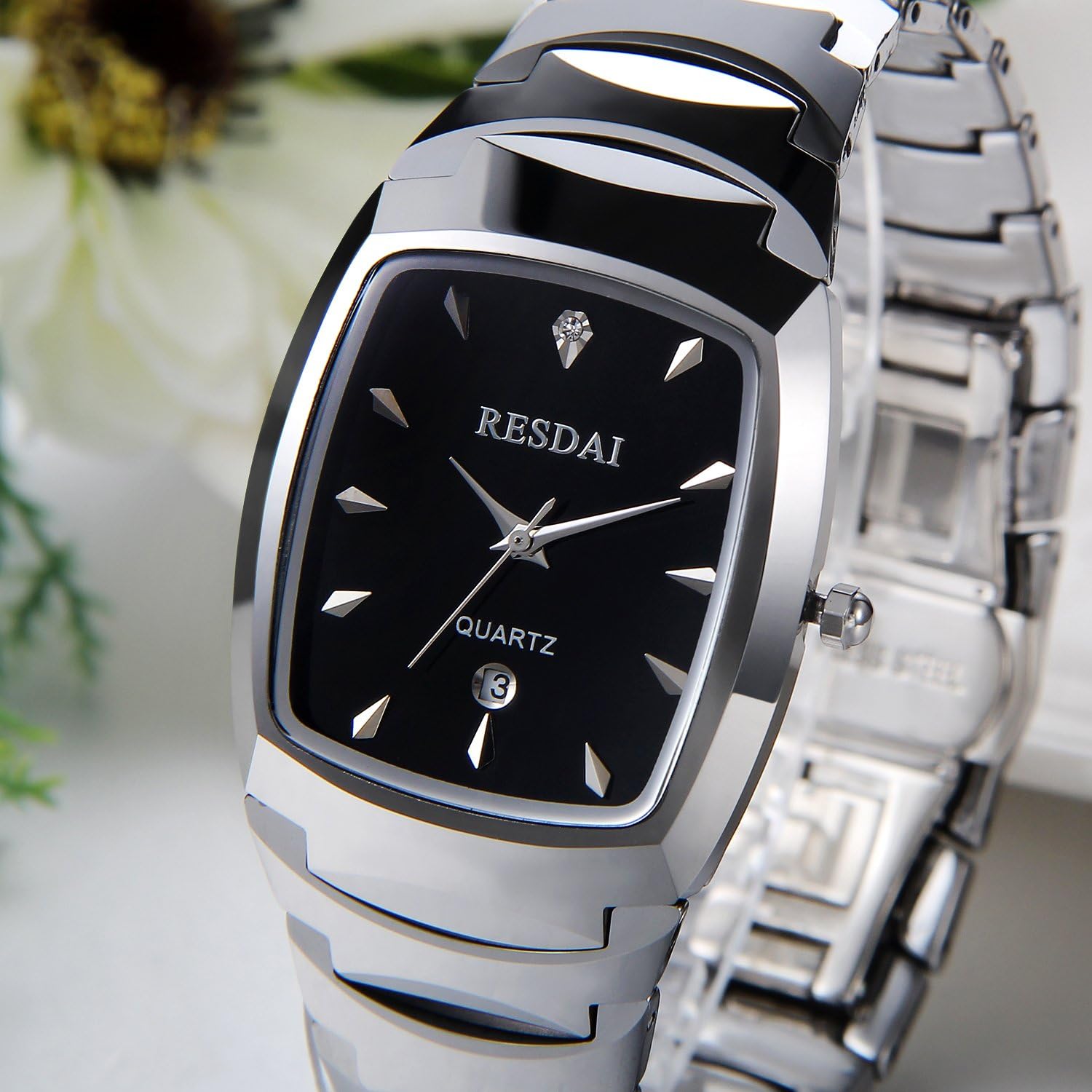 JewelryWe Men's Watch Square Dial Quartz Calendar Watch Silver Tungsten Carbide Wristwatch for Valentine's Day