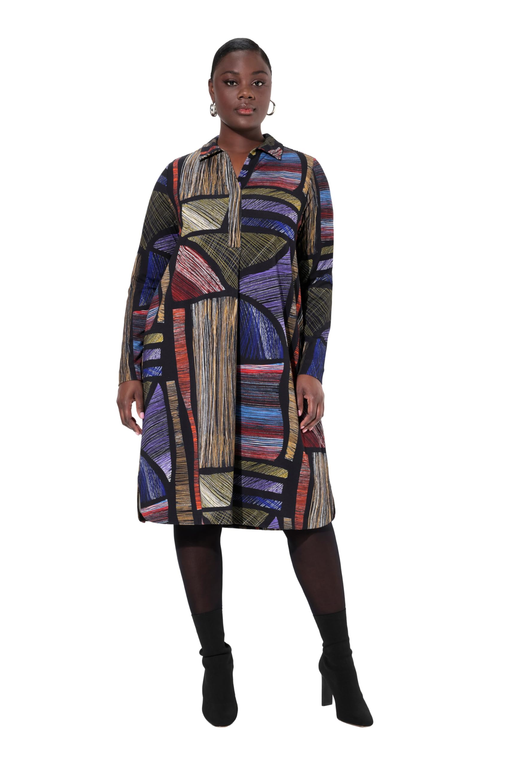 Ulla Popken Damen große Größen Übergrößen Plus Size Punto-Kleid, Hemdkragen, V-Ausschnitt, Langarm, Taschen 833480