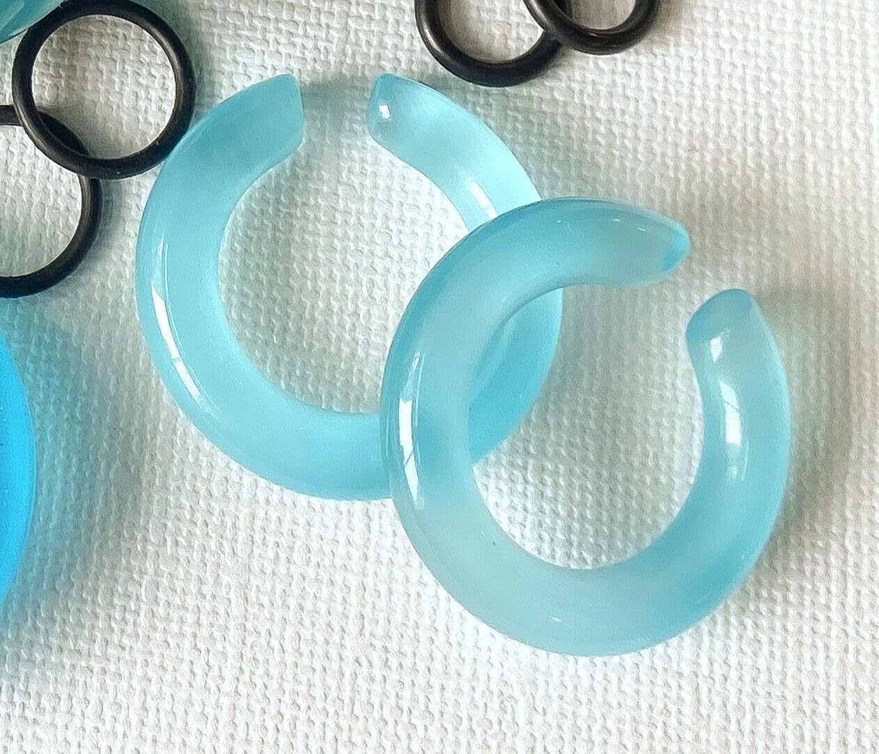 PAIR of Unique Light Blue Cat Eye Large Stone Hoops Glass Hanger Ear Plug Gauge Tunnel - Body Jewelry