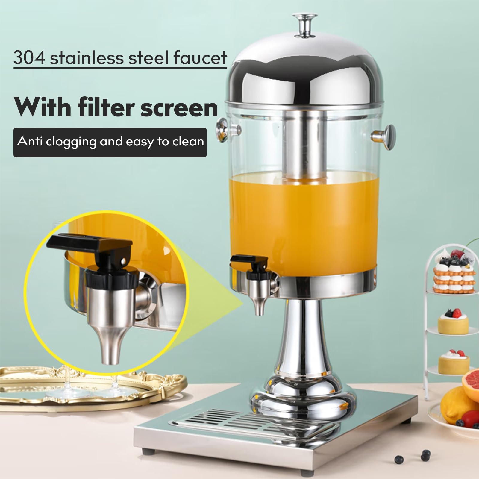 Dispensadores de bebidas de 2.2 galones para fiestas, dispensador de bebidas con soporte, dispensador comercial de jugo frío caliente con recipiente de hielo y bandejas de goteo de acero inoxidable