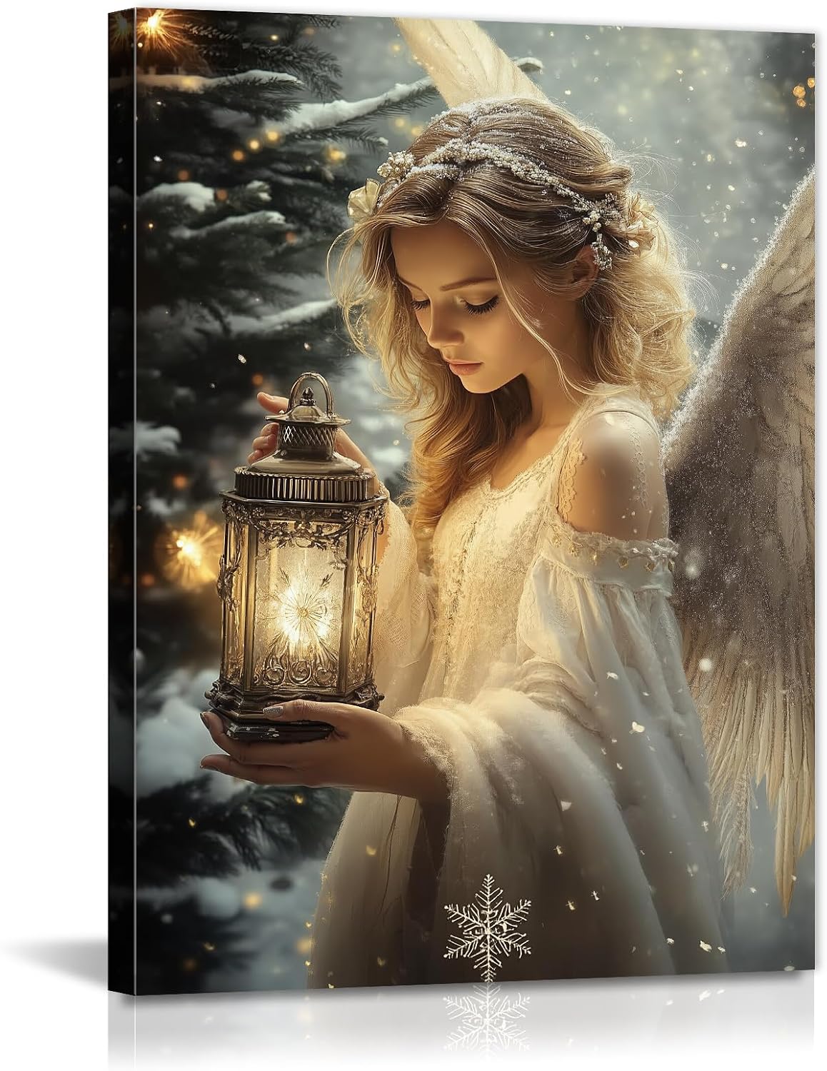GLOKAKA Angel Canvas Wall Art Christmas Angel with Lantern Picture Wall Decor Winter Snowy Scene Painting Festive Artwork for Living Room Bedroom Home(Artwork-1,16"x24")