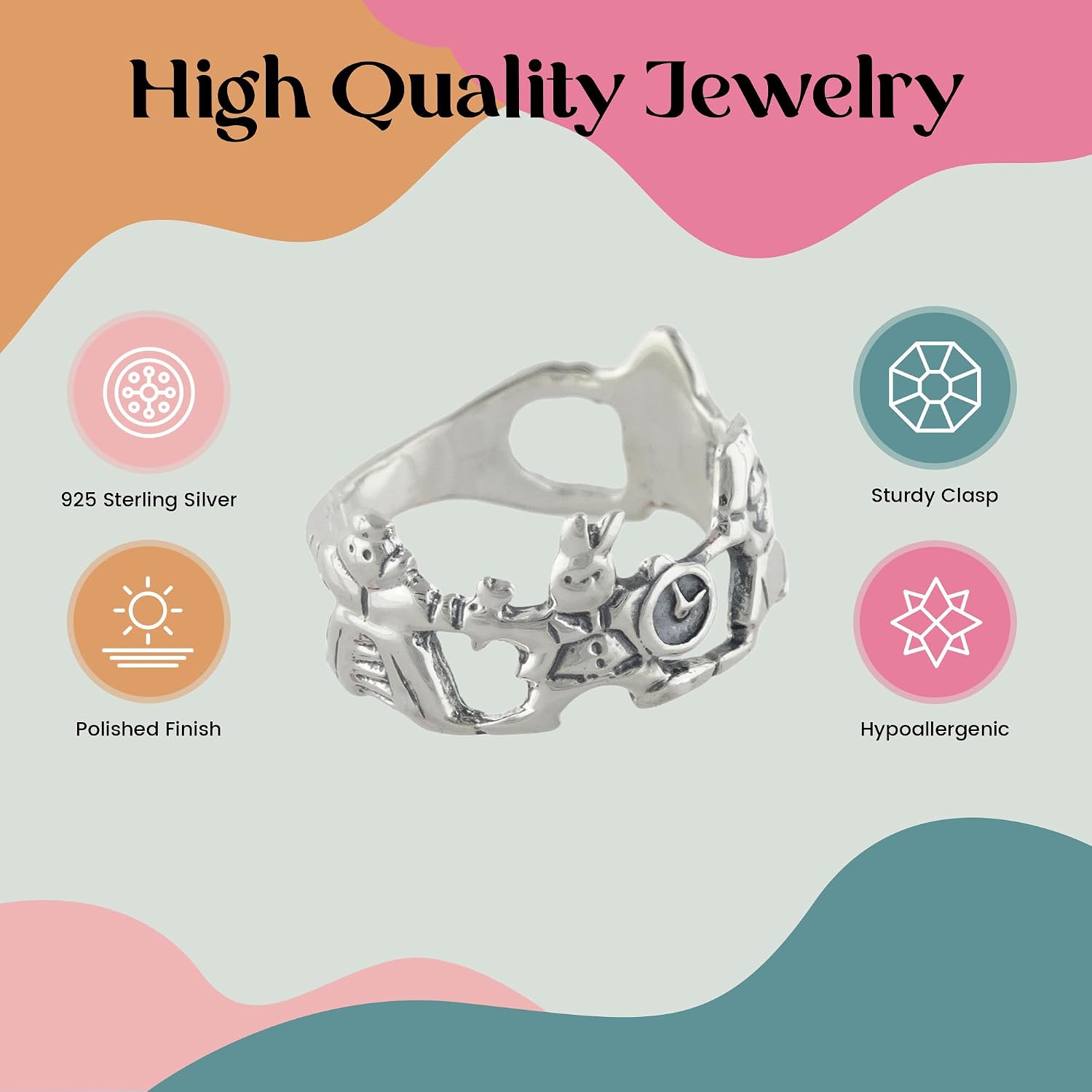FashionJunkie4Life Sterling Silver Alice in Wonderland Ring with White Rabbit, Queen, Playing Card