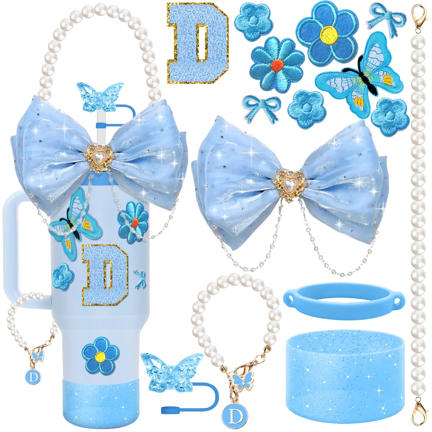 HAIREASON Stanley Cup Accessories,15pcs Bling Accessories for Stanley Cup 30oz 40oz Tumbler Including Straw Cover Sticker,Bow Straw Topper,Pearl