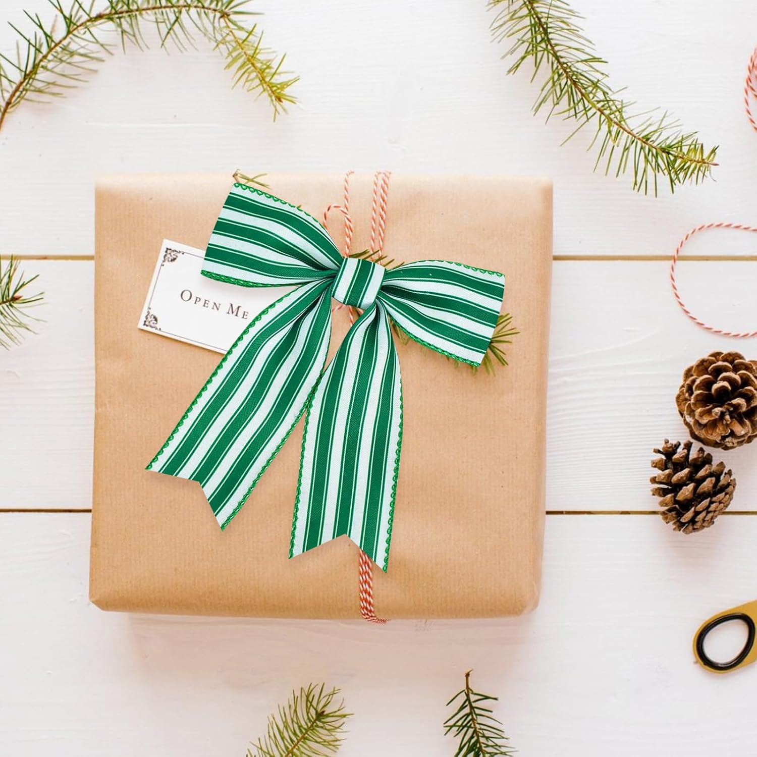 TONIFUL 2 Rolls-2 Inch Green Striped Wired Ribbon, Green and White Stripe Wired Ribbon for Gift Wrapping, Indoor, Bows Making, Wedding Birthday Party Decoration (6yds/roll)